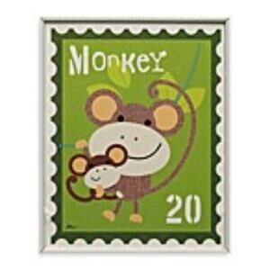 Monkey Stamp Kid's Room Wood Wall Art White Frame